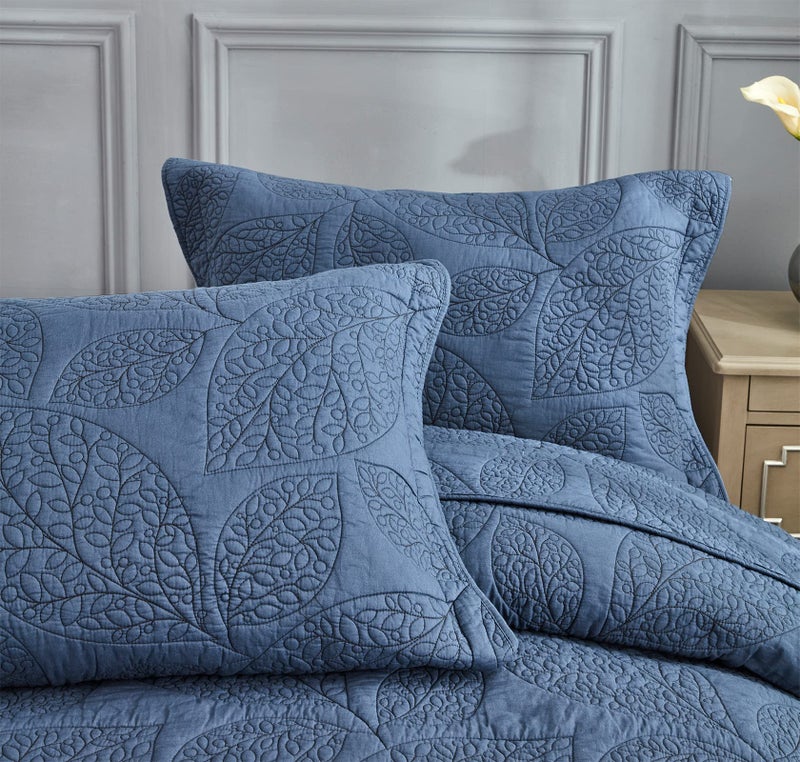 CHIXIN Botanical Cotton Quilt King Size - Real Stitching Leaf Pattern - Quilted Bedspread Coverlet Set, Ultra Soft, Lightweight, Reversible, 3 Piece, Navy Blue - Image 4